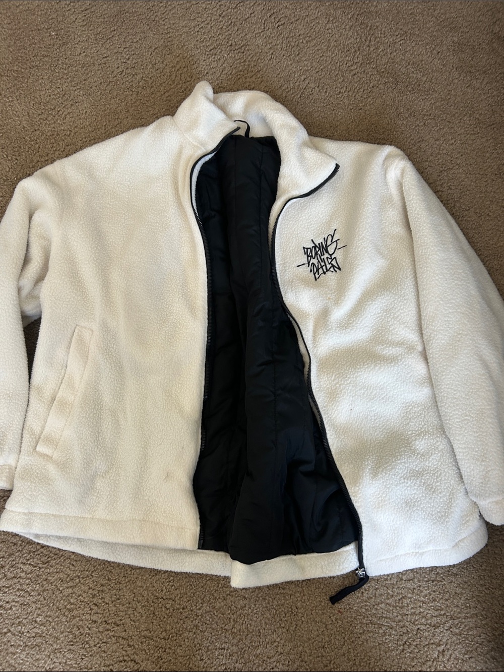 White “Boring Pals” H & M Heavy weight fleece jacket